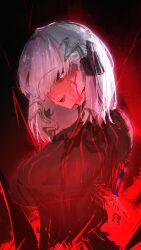 Rule 34 | 1girl, absurdres, black dress, black ribbon, breasts, commentary, corruption, dark background, dark sakura, dress, english commentary, fate/stay night, fate (series), glitch, hair ribbon, heaven&#039;s feel, highres, long hair, matou sakura, open mouth, ramune otubu, red background, red eyes, ribbon, smile, solo, sweatdrop, white hair