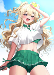 1girl arm_up ball blonde_hair blue_sky bra cloud contrast_collar covered_underboob green_bra green_shorts green_skirt grey_eyes hair_ornament hairclip highres holding holding_ball holding_tennis_racket kantai_collection long_hair looking_at_viewer minneapolis_(kancolle) minneapolis_(tennis)_(kancolle) official_alternate_costume open_mouth pleated_skirt polo_shirt racket shirt shorts shorts_under_skirt skirt sky smile solo sportswear tennis_ball tennis_racket tennis_skirt tennis_uniform two_side_up underwear wavy_hair white_shirt yomogi_dango