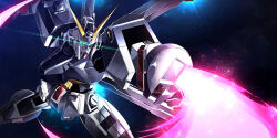 absurdres artist_request crossbone_gundam crossbone_gundam_x-1 crossbone_vanguard energy energy_beam energy_sword glowing glowing_eyes gundam highres jolly_roger lens_flare machinery mecha mecha_focus no_humans realistic robot science_fiction space sword thrusters v-fin weapon