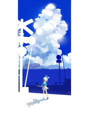 Rule 34 | 1girl, absurdres, arona (blue archive), blue archive, blue hair, blue shirt, closed eyes, cloud, from behind, hair over one eye, hair ribbon, hairband, highres, holding, holding umbrella, looking at viewer, norio (norio386), open mouth, ribbon, sailor collar, shirt, sidelocks, skirt, sky, umbrella, white footwear, white hairband, white ribbon, white sailor collar, white skirt