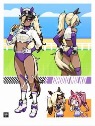 Rule 34 | 2girls, :t, adjusting buruma, adjusting clothes, animal ears, bare shoulders, blonde hair, bow, bowtie, brown hair, buruma, carrot, character name, chibi, chibi inset, choco (milkytiddyboy), commentary, cropped shirt, dark-skinned female, dark skin, drinking, drinking straw, drooling, ear bow, eating, elbow gloves, english commentary, footwear bow, full body, gloves, hair over one eye, haru urara (umamusume), hat, headband, high heels, highres, horse ears, horse girl, horse tail, layered gloves, looking at viewer, midriff, milkytiddyboy, multicolored hair, multiple girls, multiple views, navel, original, peaked cap, pink eyes, pink hair, ponytail, purple bow, purple bowtie, purple buruma, purple eyes, purple gloves, purple thighhighs, red headband, school uniform, single thighhigh, socks, tail, thighhighs, tracen school uniform, two-tone hair, umamusume, wavy mouth, white gloves, white socks