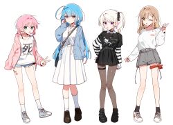 4girls :d :o :p animal_print bag bandaid bandaid_on_leg belt belt_buckle black_belt black_bow black_choker black_shirt black_shoes black_skirt blonde_hair blue_eyes blue_hair blue_jacket blue_shoes blue_shorts blush bow bra_strap breasts brown_hair brown_shoes buckle cat_print choker clothes_writing collared_shirt cross cross_necklace denim denim_shorts diamond_hair_ornament dress_shirt ear_piercing earrings expressionless fang fishnets foot_up full_body grey_shorts hair_between_eyes hair_bow hair_intakes hair_ornament hand_in_own_hair hand_on_own_hip hand_up handbag heart heart_earrings highres jacket jewelry knees_together_feet_apart latin_cross layered_sleeves leg_wrap long_hair long_sleeves looking_at_viewer low_twintails medium_breasts medium_skirt miniskirt multiple_girls necklace one_eye_closed open_mouth original orphaneater_io parted_bangs piercing pink_eyes pink_hair pink_jacket pink_sleeves pleated_skirt print_shirt purple_eyes ring shirt shirt_tucked_in shoelaces shoes short_hair short_shorts short_sleeves short_twintails shorts shoulder_bag side_ahoge side_ponytail sidelocks simple_background single_sleeve_past_fingers skeleton_print skirt sleeves_past_wrists small_breasts smile sneakers socks standing striped_sleeves swept_bangs thigh_strap tongue tongue_out twintails untucked_shirt v very_long_hair white_background white_shirt white_shoes white_skirt white_socks wing_collar x_hair_ornament yellow_eyes zipper