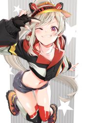 1girl black_gloves blonde_hair commentary_request cropped_jacket facial_mark fingerless_gloves gloves grey_shorts grin highres komori_met komori_met_(2nd_costume) looking_at_viewer navel one_eye_closed purple_nails red_eyes red_nails shirana_tamana shoes shorts smile solo star_(symbol) virtual_youtuber visor_cap vspo!
