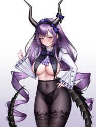1girl absurdres arknights blush breasts crotch_seam dragon_tail fine_fabric_emphasis gem hand_on_own_hip highres horns large_breasts moovalandi navel no_pants no_shirt panties pantyhose purple_hair tail thighhighs typhon_(arknights) underwear vivian_banshee zenless_zone_zero