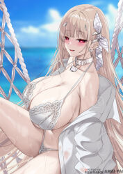 1girl absurdres amai-pai artist_name bare_shoulders beach bikini blue_sky blurry blush bow breasts cleavage cloud cloudy_sky collarbone commentary eyebrows eyebrows_hidden_by_hair fanbox_username from_side goddess_of_victory:_nikke hair_bow hair_ornament hammock heart heart-shaped_pupils heart_collar highres horns huge_breasts lace lace-trimmed_bikini lace_trim light_brown_hair long_hair looking_at_viewer mole mole_under_eye ocean off_shoulder official_alternate_costume on_hammock parted_lips patreon_username pixiv_username red_eyes shirt sideboob sky smile solo swimsuit symbol-shaped_pupils thighs viper_(nikke) viper_(shine_of_love)_(nikke) water wet white_bikini white_bow white_horns white_shirt