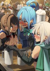 Rule 34 | 2boys, 6+girls, alcohol, aqua (konosuba), beer, belt, black choker, black gloves, blonde hair, blue eyes, blue hair, blue shirt, blunt bangs, blurry, blurry background, blush, boots, bow, braid, breasts, brown belt, brown footwear, brown hair, capelet, choker, chris (konosuba), cup, darkness (konosuba), dress, drinking, drinking straw, drunk, dust (konosuba), eating, fingerless gloves, food, gloves, green capelet, grey shirt, hair bow, hair ornament, hair rings, hairclip, hand on own hip, hand up, hands up, hat, highres, holding, holding cup, holding food, indoors, izawa (bhive003), komekko, kono subarashii sekai ni shukufuku wo!, long sleeves, looking at another, looking at viewer, looking back, meat, medium breasts, medium hair, multiple boys, multiple girls, necktie, nose blush, nostrils, on table, open mouth, pants, pink necktie, red bow, red eyes, red shirt, satou kazuma, shirt, short hair, single hair ring, sitting, sleeveless, sleeveless shirt, small breasts, star (symbol), star hair ornament, sweatdrop, table, tray, upper body, v-shaped eyebrows, white shirt, witch hat, x hair ornament, yunyun (konosuba)
