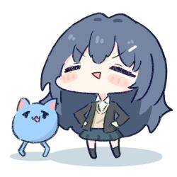 1girl black_footwear black_hair black_jacket blazer blue_skirt blush brown_sweater_vest cat chibi chibi_only closed_eyes collared_shirt commentary_request hands_on_own_hips jacket long_hair long_sleeves misskey.io murakami-san_(misskey.io) open_clothes open_jacket open_mouth shirt skirt standing sweater_vest syuilo_(misskey.io) triangle_mouth umihio white_shirt