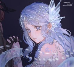2girls armlet bare_back bare_shoulders black_background black_gloves black_wings blue_eyes blue_hair blue_scales bracelet chant0ru circlet closed_mouth crimson_feather_(infinity_nikki) derivative_work elbow_gloves eyelashes feathered_wings fins flustered gloves hagoromo head_fins head_wings highres holding_hands infinity_nikki interlocked_fingers jewelry light_blush lipstick long_hair makeup mermaid_costume multiple_girls necklace nikki_(nikki) nikki_(series) pink_lips pointy_nose red_hair screenshot_redraw shawl shoulder_blades snowy_ballad_(infinity_nikki) solo_focus the_seer_(infinity_nikki) twitter_username upper_body wings