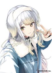 1girl animal_ears black_sweater blonde_hair blue_jacket blush colored_inner_hair commentary_request company_name copyright_notice dog_ears dog_girl fur-trimmed_jacket fur-trimmed_sleeves fur_hairband fur_trim gradient_hair green_eyes grey_hair hairband hand_up jacket kagawa_ichigo long_hair long_sleeves looking_at_viewer multicolored_hair nijisanji official_art open_clothes open_jacket outstretched_arm parted_lips sample_watermark selfie shioriha_ruri sidelocks simple_background smile solo sweater turtleneck turtleneck_sweater upper_body v virtual_youtuber watermark white_background white_hairband
