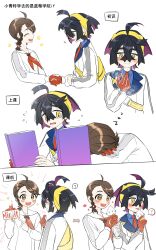 Rule 34 | !, 1boy, 1girl, ?, absurdres, black hair, blue shirt, blush, book, braid, brown eyes, brown hair, casteliacone, collared shirt, commentary request, crossed bangs, flying sweatdrops, food, gen 4 pokemon, gloves, hair between eyes, hairband, handshake, highres, holding, holding book, holding food, holding ice cream, holding phone, ice cream, ice cream cone, jacket, juliana (pokemon), kieran (pokemon), long sleeves, mole, mole on neck, multicolored hair, multiple views, nintendo, open mouth, partially fingerless gloves, phone, pokemon, pokemon (creature), pokemon sv, purple hair, red gloves, rotom, rotom phone, shirt, simple background, single glove, sleeping, sparkle, spoken exclamation mark, spoken question mark, translation request, white jacket, xiaxiania, yellow eyes, yellow hairband, zzz