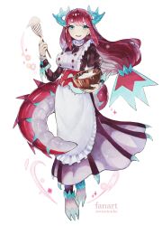 1girl absurdres animal_feet apron blue_eyes blue_horns bowl breasts chef cream dragon_girl dragon_horns dragon_tail dragon_wings duel_monster frilled_apron frills full_body highres holding holding_bowl holding_whisk horns kitchen_dragonmaid large_breasts long_hair long_sleeves looking_at_viewer open_mouth puffy_long_sleeves puffy_sleeves red_hair simple_background solo sparkle susutouka tail twitter_username whisk white_apron white_background wings yu-gi-oh!