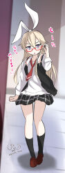 1girl animal_ears black_skirt blonde_hair blue_eyes blush breasts commentary_request cosplay costume_switch full_body giraffe_(ilconte) glasses hair_between_eyes hair_ornament hand_up highres hip_focus kantai_collection long_hair long_sleeves looking_at_viewer miniskirt necktie plaid_clothes plaid_skirt pleated_skirt rabbit_ears red_necktie ribbon shigure_(kancolle) shigure_(kancolle)_(cosplay) shigure_(saury_festival)_(kancolle) shimakaze_(kancolle) shirt skirt solo thighs translation_request very_long_hair white_ribbon white_shirt