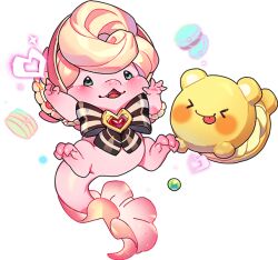 1other blue_eyes bonnet bow bowtie brown_bow brown_bowtie chibikemo dragon dragon_village_(series) dragon_village_collection food food-themed_creature food-themed_hair furry game_cg heart icing macaron macarondragon_(dragon_village) official_art pink_bonnet pink_hair solo third-party_source transparent_background