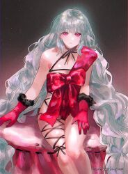 1girl aliasing arknights arknights_yuu12 bare_arms bare_shoulders black_ribbon bow braid choker commentary expressionless film_grain fur-trimmed_gloves fur_trim gloves grey_hair hand_on_own_leg highres leg_ribbon long_hair long_sidelocks looking_at_viewer naked_ribbon pink_eyes red_bow red_gloves red_ribbon ribbon ribbon_choker sidelocks sitting skadi_(arknights) skadi_the_corrupting_heart_(arknights) solo symbol-only_commentary thighs twin_braids twitter_username very_long_hair
