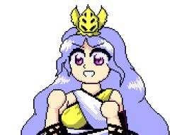 1girl blue_hair chirizuka_ubame clenched_hands crown fossilized_wonders long_hair open_mouth pc-98_(style) pixel_art purple_eyes smile solo tagme touhou transparent_background tremolo_measure