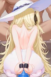 1boy 1girl absurdres anal anal_object_insertion arms_behind_back ass back bare_back black_ribbon blonde_hair bound bound_wrists clenched_hand dildo fellatio from_behind hair_ribbon hairband hat hetero highres kneeling linhangwei long_hair nude object_insertion oral pantyhose phoebe_(wuthering_waves) restrained ribbon sex_toy sitting soles spread_legs topless_female torn_clothes torn_pantyhose very_long_hair white_hairband white_hat white_pantyhose wuthering_waves