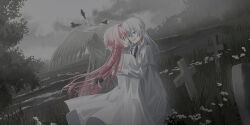 2girls :d animal bird black_bow black_necktie blue_eyes bow braid capelet chihuri closed_mouth cloud cloudy_sky collared_shirt commentary_request cross earrings ende_(chihuri) eye_contact floating_hair flower grey_hair hair_bow hair_intakes highres jacket jewelry long_hair looking_at_another multiple_girls nea_(chihuri) necktie open_mouth original outdoors pink_hair profile shirt sky smile statue stud_earrings tombstone very_long_hair white_capelet white_flower white_jacket white_shirt yuri