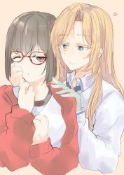 Rule 34 | 2girls, absurdres, anty the, blonde hair, blue eyes, blush, closed mouth, collared shirt, colored extremities, commentary, green hands, hand on another&#039;s face, hand on another&#039;s shoulder, heart, highres, kamikoshi sorawo, long hair, multiple girls, nishina toriko, one eye closed, red-framed eyewear, red eyes, red shirt, shirt, simple background, smile, symbol-only commentary, upper body, urasekai picnic, white shirt, yellow background, yuri