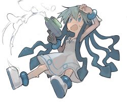 1girl arm_up blue_eyes blue_hair bracelet commentary dress firing full_body hair_between_eyes highres ikamusume jewelry looking_ahead ni_(nimame629) open_mouth shinryaku!_ikamusume shoes simple_background solo sweatdrop tentacle_hair water_gun white_background white_dress white_shoes