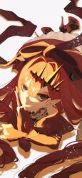 1girl absurdres baobhan_sith_(fate) baobhan_sith_(first_ascension)_(fate) debg0423 detached_sleeves dress expressionless fate/grand_order fate_(series) frilled_dress frills grey_eyes hair_ornament hand_on_own_hip hand_up highres long_hair long_sleeves looking_at_viewer lying on_stomach partially_shaded_face platform_footwear platform_heels pointy_ears red_dress red_hair sidelocks solo