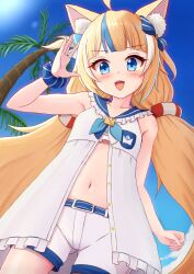 1girl ahoge animal_ear_fluff animal_ears bikini bikini_under_clothes blonde_hair blue_bikini blue_bow blue_hair blue_scrunchie blue_sky blush bow breasts cat_ears cloud dress hair_bow highres indie_virtual_youtuber lifebuoy_hair_ornament long_hair looking_at_viewer low_twintails multicolored_hair navel one_side_up open_mouth palm_tree prophosphere sameko_saba scrunchie short_shorts shorts sky sleeveless sleeveless_dress small_breasts smile solo streaked_hair swimsuit tree twintails very_long_hair virtual_youtuber white_dress white_hair white_shorts