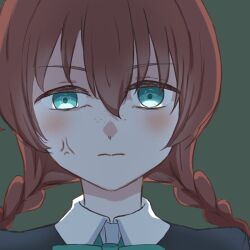 1girl anger_vein angry aqua_eyes black_jacket blush braid brown_hair commentary_request dark_background emma_verde empty_eyes freckles green_ribbon highres jacket looking_at_viewer love_live! love_live!_nijigasaki_high_school_idol_club low_twin_braids medium_hair neck_ribbon nijigasaki_school_uniform rakk27606689 ribbon school_uniform shirt solo twin_braids white_shirt