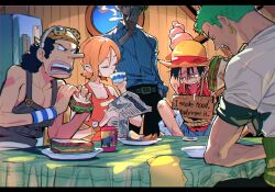 1girl 4boys absurdres bandana_around_arm bangle belt belt_buckle black_hair black_pants blonde_hair blue_shirt blue_shorts bracelet brown_overalls buckle cigarette closed_eyes collarbone collared_shirt commentary_request cup earrings english_text food fur-trimmed_shorts fur_trim gobogobogobou11 goggles goggles_on_headwear green_hair hand_in_pocket hat head_bump highres holding holding_cup holding_food holding_newspaper holding_sandwich indoors jewelry log_pose long_nose looking_at_another monkey_d._luffy multiple_boys nami_(one_piece) nami_(one_piece)_(water_7) newspaper one_piece orange_hair orange_tank_top overalls pants red_vest roronoa_zoro sandwich sanji_(one_piece) sash shirt short_hair shorts sitting slice_of_life straw_hat straw_hat_pirates table tank_top tongue tongue_out usopp vest white_shirt