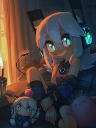 1girl absurdres aqua_eyes bare_shoulders c: cable character_doll commentary curtains digitan_(porforever) doll electric_plug electric_plug_tail english_commentary grin hair_between_eyes headphones highres indoors light_blush lightning_bolt_symbol long_hair long_sleeves looking_at_viewer off_shoulder original porforever power_symbol shirt sitting sleeveless sleeveless_shirt smile solo star-shaped_pupils star_(symbol) symbol-shaped_pupils tail watch white_hair wristwatch