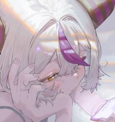 Rule 34 | bed, bed sheet, bedroom, cellphone, demon girl, demon horns, exhausted, hair between eyes, head rest, hololive, horns, la+ darknesss, light rays, lying, morning, multicolored hair, on stomach, phone, pout, purple streak, resting head on hand, screen, sidelocks, tank top, tired eyes, two-tone hair, virtual youtuber, white hair, yellow eyes