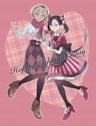 2girls apron argyle_clothes argyle_skirt ascot asymmetrical_bangs bea_(palentine&#039;s_2022)_(pokemon) bea_(pokemon) black_apron black_bow black_hair black_pantyhose blonde_hair bow brown_ascot brown_hairband brown_shoes brown_skirt chocolate closed_mouth creatures_(company) dark_skin dot_mouth dress earrings flower food full_body game_freak green_eyes hair_between_eyes hair_flower hair_ornament hair_ribbon hairband happy_valentine high_heels highres holding holding_chocolate holding_food jewelry long_sleeves looking_at_viewer marnie_(palentine&#039;s_2022)_(pokemon) marnie_(pokemon) multiple_girls nintendo official_alternate_costume oniwa pantyhose pink_background pink_dress pink_ribbon pink_shoes pokemon pokemon_masters_ex red_scarf ribbon scarf shoes short_hair short_sleeves simple_background skirt smile standing sweater twintails waist_apron white_flower white_sweater wrist_cuffs yellow_eyes