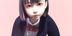 1girl 3d asian black_hair blazer bow child highres jacket looking_at_viewer photorealistic realistic school school_uniform shirt short_hair solo white_background