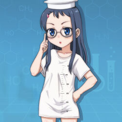 1girl beaker black_hair blue_eyes blush chemical_structure clothes_writing collarbone flat_chest glasses graduated_cylinder-chan_(t_jiroo) grid hair_ornament hairclip hand_on_own_hip hat index_finger_raised loli long_hair looking_at_viewer measuring_cylinder mortarboard open_mouth original oversized_clothes oversized_shirt personification print_shirt pun shirt short_sleeves standing t_jiroo_(ringofriend) test_tube white_hat white_shirt