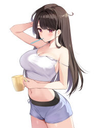 1girl ahoge arm_behind_head arm_up bare_arms bare_shoulders blush breasts brown_hair camisole cleavage cowboy_shot crop_top cup drawstring frown grey_shorts highres holding holding_cup large_breasts long_hair looking_at_viewer midriff mouth_hold navel off_shoulder original oryo_(oryo04) red_eyes shirt short_shorts shorts simple_background sleeveless sleeveless_shirt solo spaghetti_strap standing stomach strap_slip tank_top taut_clothes taut_shirt thighs tied_shorts toothbrush toothbrush_in_mouth white_background white_shirt
