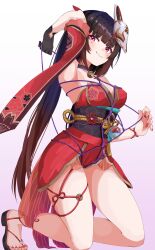 1girl absurdres bdsm bell black_choker black_gloves black_hair black_sandals breasts choker commentary_request excella_(delltothu) floral_print fox_mask full_body gloves gradient_background highres honkai:_star_rail honkai_(series) japanese_clothes jingle_bell kimono kneeling long_hair mask mask_on_head medium_breasts nail_polish neck_bell o-ring o-ring_thigh_strap obi obiage obijime pink_eyes purple_rope red_kimono red_nails rope sandals sash shibari short_kimono single_glove smile solo sparkle_(honkai:_star_rail) thigh_strap toenail_polish toenails twintails very_long_hair wrist_cuffs