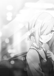 Rule 34 | 1girl, braid, choker, closed mouth, commentary request, frilled choker, frills, greyscale, hair over one eye, hand up, looking at viewer, monochrome, novel illustration, official art, second-party source, short hair, sitting, solo, tomari (veryberry00), tomodachi no imouto ga ore ni dake uzai, tsukinomori mashiro