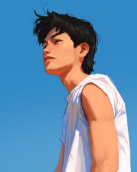 Rule 34 | 1boy, artist self-insert, black eyes, black hair, blue background, curtained hair, from below, highres, male focus, medium hair, original, sam yang, shirt, simple background, slouching, solo, squinting, tank top, toned, toned male, upper body, white shirt