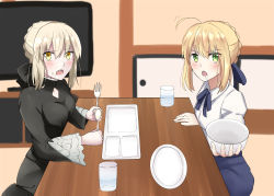 2girls absurdres ahoge artoria_pendragon_(fate) blonde_hair blush bowl braid fate/grand_order fate/stay_night fate_(series) fork glasses green_eyes hair_ribbon highres holding holding_bowl holding_fork holding_knife indoors knife looking_at_viewer multiple_girls open_mouth ribbon saber_(fate) saber_alter saber_alter_(gothic_lolita) saliva seiza shirt sii_artatm sitting skirt table yellow_eyes