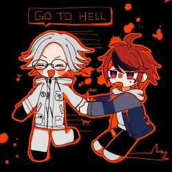 2boys ahoge aotsuki_eito black_background black_hair blue_eyes blush chibi chibi_only closed_eyes glasses highres holding_hands messy_hair multicolored_eyes multicolored_hair multiple_boys open_mouth outline red_eyes red_hair red_outline sumino_takumi the_hundred_line_-last_defense_academy- white_hair