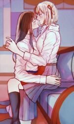 2girls between_legs black_hair blonde_hair blush closed_eyes collared_shirt commentary_request couch grey_skirt hair_ribbon indoors inoue_takina kumabehaso long_hair long_sleeves looking_at_another lycoris_recoil multiple_girls nishikigi_chisato on_couch parted_lips pleated_skirt red_ribbon ribbon school_uniform shirt short_hair skirt white_shirt yuri