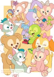 3boys 4girls animal_ears bow cookieann duffy_and_friends duffy_the_disney_bear fox_girl full_body gelatoni highres linabell looking_at_viewer multiple_boys multiple_girls multiple_persona no_humans olu_mel rabbit_ears rabbit_girl shelliemay skirt smile stellalou takatmaorange turtle_boy