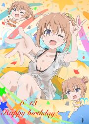 ! 1girl bare_shoulders bikini bikini_top_only birthday black_bikini blush breasts chibi collarbone confetti dated dot_nose english_text feet_out_of_frame female_focus full_body hair_between_eyes hair_ornament happy_birthday knees koisuru_asteroid konohata_mira legs looking_at_viewer medium_breasts multicolored_eyes no_shoes no_socks one_eye_closed open_clothes open_mouth orange_hair qb_(qb46311027) reaching reaching_towards_viewer short_hair short_sleeves solo star_(symbol) star_hair_ornament swimsuit v whale_plush