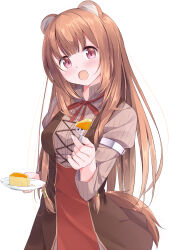 Rule 34 | 1girl, :d, animal ear fluff, animal ears, black dress, blunt bangs, blush, breasts, brown hair, cake, cheesecake, collared dress, commentary request, cowboy shot, dress, food, fork, grey dress, hands up, high collar, highres, holding, holding cake, holding food, holding fork, holding plate, incoming food, long hair, long sleeves, looking at viewer, medium breasts, metal arm cuffs, metal hair tubes, neck ribbon, open mouth, pink eyes, plate, raccoon ears, raccoon girl, raccoon tail, raphtalia, red dress, red ribbon, ribbon, sleeveless, sleeveless dress, smile, solo, straight hair, striped clothes, striped dress, tail, tate no yuusha no nariagari, two-tone dress, vertical-striped clothes, vertical-striped dress, wari (nirodo26)