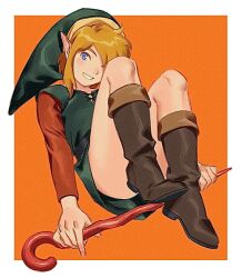 1boy bare_legs blonde_hair blue_eyes boots cane cane_of_somaria covering_privates link male_focus nintendo pointy_ears simple_background smile the_legend_of_zelda the_legend_of_zelda:_a_link_to_the_past tunic yone_f15