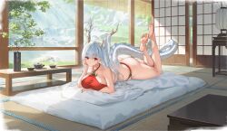 1girl absurdres architecture arm_under_breasts ass azur_lane bare_arms bare_legs bare_shoulders barefoot bikini bowl breast_rest breasts chinese_clothes closed_mouth cup day dragon_girl dragon_horns dragon_tail dudou east_asian_architecture elbow_rest feet feet_up full_body fundoshi futon halterneck hand_on_own_cheek hand_on_own_face highres horns indoors japanese_clothes kettle lantern large_breasts legs legs_up long_hair looking_at_viewer lying mimoza_(96mimo414) non-web_source official_alternate_costume official_art on_bed on_stomach panties plant red_eyes red_fundoshi shimanto_(azur_lane) shimanto_(the_relaxing_dragon_god)_(azur_lane) shouji sliding_doors smile soles solo sunlight swimsuit table tail tankini tatami teacup the_pose thighs toes tree underwear vase very_long_hair white_hair white_tail window