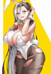 1girl animal_ears areola_slip black_pantyhose blue_eyes bow bowtie breasts brown_hair cleavage covered_erect_nipples covered_navel deconstructor_azaz detached_collar finger_to_mouth grey_hair hair_between_eyes hairband hands_up huge_breasts last_origin legs_together leotard long_hair looking_at_viewer mixed-language_commentary multicolored_hair open_mouth paid_reward_available pantyhose playboy_bunny rabbit_ears rabbit_tail solo standing tail teeth thighs torn_clothes torn_pantyhose upper_teeth_only very_long_hair white_hairband white_leotard wookyung wrist_cuffs yellow_bow yellow_bowtie