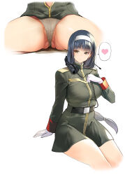 1girl absurdres belt black_belt black_hair blush breasts brown_eyes commentary_request dress gloves green_dress gundam gundam_08th_ms_team hairband headphones headphones_around_neck heart highres invisible_chair kergerenko large_breasts long_hair long_sleeves military_uniform multiple_views panties samazuka_mashiro simple_background sitting speech_bubble spoken_heart thighs underwear white_background white_gloves white_hairband white_panties white_sleeves