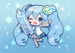 Rule 34 | 1girl, ;d, bare shoulders, binchou maguro, blue background, blue eyes, blue hair, blush, boots, bottle, chibi, chibi only, collared shirt, commentary request, copyright notice, detached sleeves, full body, grey boots, grey skirt, grey sleeves, hatsune miku, headset, holding, holding bottle, long hair, looking at viewer, necktie, official art, one eye closed, open mouth, outstretched arm, pleated skirt, print necktie, shirt, skirt, sleeveless, sleeveless shirt, smile, snowflake print, snowflakes, solo, thigh boots, tie clip, twintails, very long hair, vocaloid, water bottle, white shirt, wide sleeves, yuki miku, yuki miku (2010)