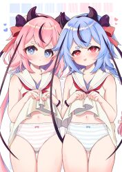 2girls abstract_background black_hairband black_streaks blue_eyes blue_hair blue_nails blue_panties blush bow bow_panties braid brown_dress brown_sailor_collar closed_mouth clothes_lift color_coordination commission cowboy_shot crossed_bangs double-parted_bangs dress dress_lift garimayo hair_ribbon hairband highres horn_hairband lifting_own_clothes long_hair looking_at_viewer meika_hime meika_mikoto multicolored_hair multicolored_ribbon multiple_girls nail_polish navel neckerchief panties parted_lips pink_hair pink_nails pink_panties red_eyes red_neckerchief ribbon sailor_collar sailor_dress shoulder_blush skeb_commission sleeveless sleeveless_dress smile standing streaked_hair striped_clothes striped_panties thigh_gap underwear variant_set very_long_hair voiceroid white_panties