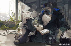 1boy absurdres arknights bara black_hair black_jumpsuit book chinese_commentary claws closed_mouth commentary_request ear_piercing eyebrow_piercing face_piercing fang fang_out furry furry_male gloves grey_fur highres holding holding_book hyena_boy hyena_ears infection_monitor_(arknights) jumpsuit kitai_su male_focus multicolored_hair muscular muscular_male open_book pectorals piercing reading rhodes_island_logo_(arknights) sitting smile spot_(arknights) streaked_hair