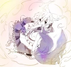 1girl belt black_belt black_collar bow bowtie bracelet cape clip_studio_paint_(medium) collar collared_cape collared_shirt earmuffs floating hair_between_eyes hair_ears holding holding_baton holding_sheath holding_sword holding_weapon jewelry limited_palette looking_at_viewer makuwauri medium_hair purple_cape ribbon-trimmed_skirt ribbon_trim ritual_baton sandals scabbard sheath sheathed shirt sleeveless sun_ornament sword touhou toyosatomimi_no_miko weapon